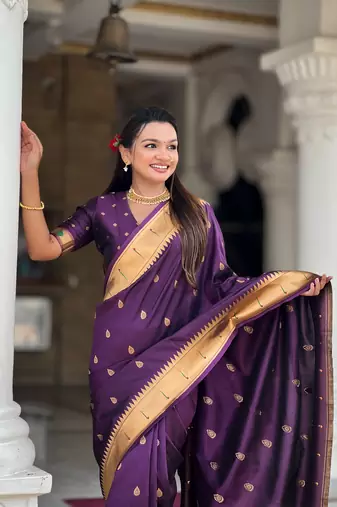 Soft paithani silk saree with zari weawing motifs design and meenakari weawing rich pallu