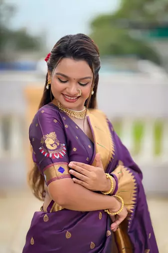 Soft paithani silk saree with zari weawing motifs design and meenakari weawing rich pallu