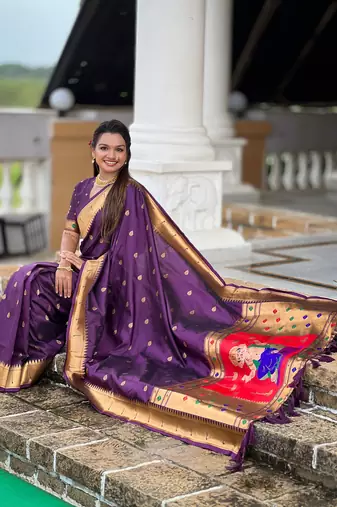 Soft paithani silk saree with zari weawing motifs design and meenakari weawing rich pallu