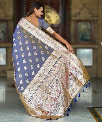 soft banarasi art silk saree with zari weaving meenakari touchup design all over the saree 2