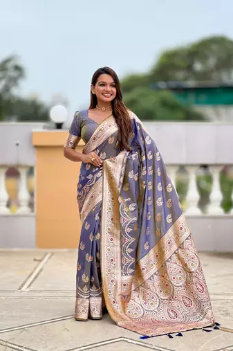 soft banarasi art silk saree with zari weaving meenakari touchup design all over the saree