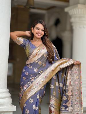 soft banarasi art silk saree with zari weaving meenakari touchup design all over the saree 4