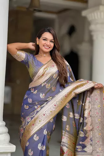 soft banarasi art silk saree with zari weaving meenakari touchup design all over the saree