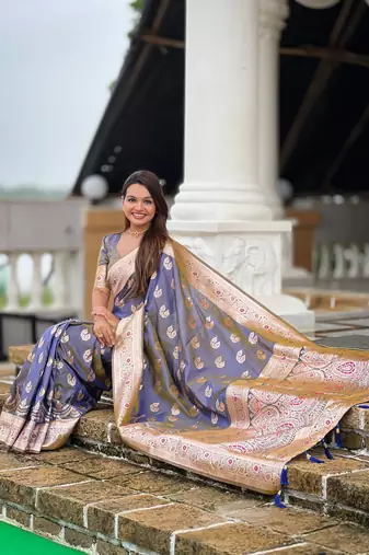 soft banarasi art silk saree with zari weaving meenakari touchup design all over the saree