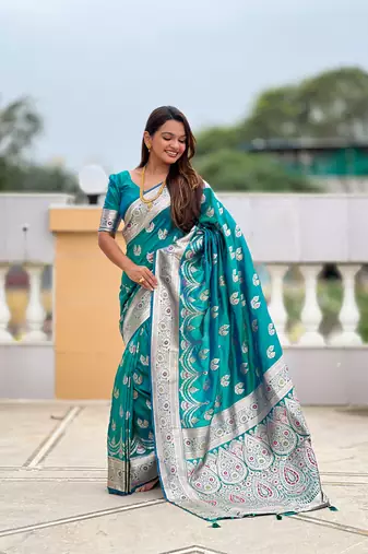 soft banarasi art silk saree with zari weaving meenakari touchup design all over the saree
