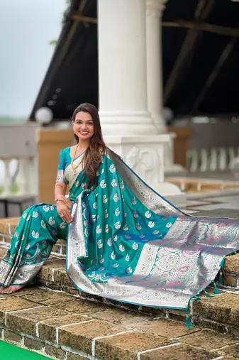 soft banarasi art silk saree with zari weaving meenakari touchup design all over the saree