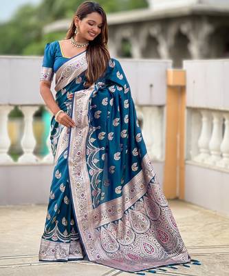 soft banarasi art silk saree with zari weaving meenakari touchup design all over the saree 3