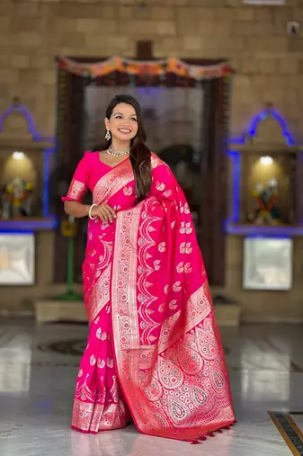 soft banarasi art silk saree with zari weaving meenakari touchup design all over the saree