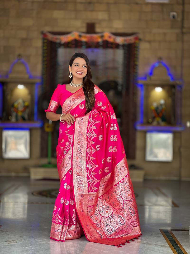 soft banarasi art silk saree with zari weaving meenakari touchup design all over the saree
