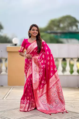 soft banarasi art silk saree with zari weaving meenakari touchup design all over the saree