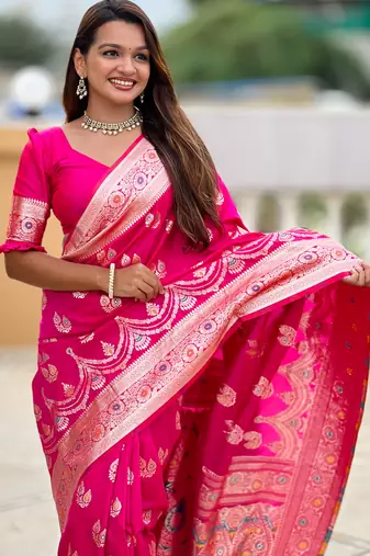 soft banarasi art silk saree with zari weaving meenakari touchup design all over the saree