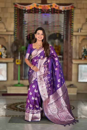 soft banarasi art silk saree with zari weaving meenakari touchup design all over the saree