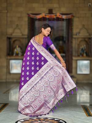 soft banarasi art silk saree with zari weaving meenakari touchup design all over the saree 2