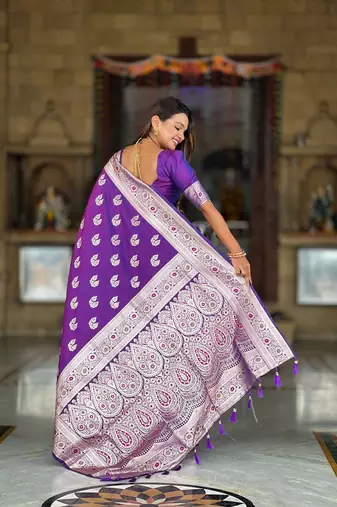 soft banarasi art silk saree with zari weaving meenakari touchup design all over the saree