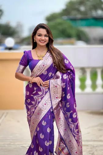 soft banarasi art silk saree with zari weaving meenakari touchup design all over the saree