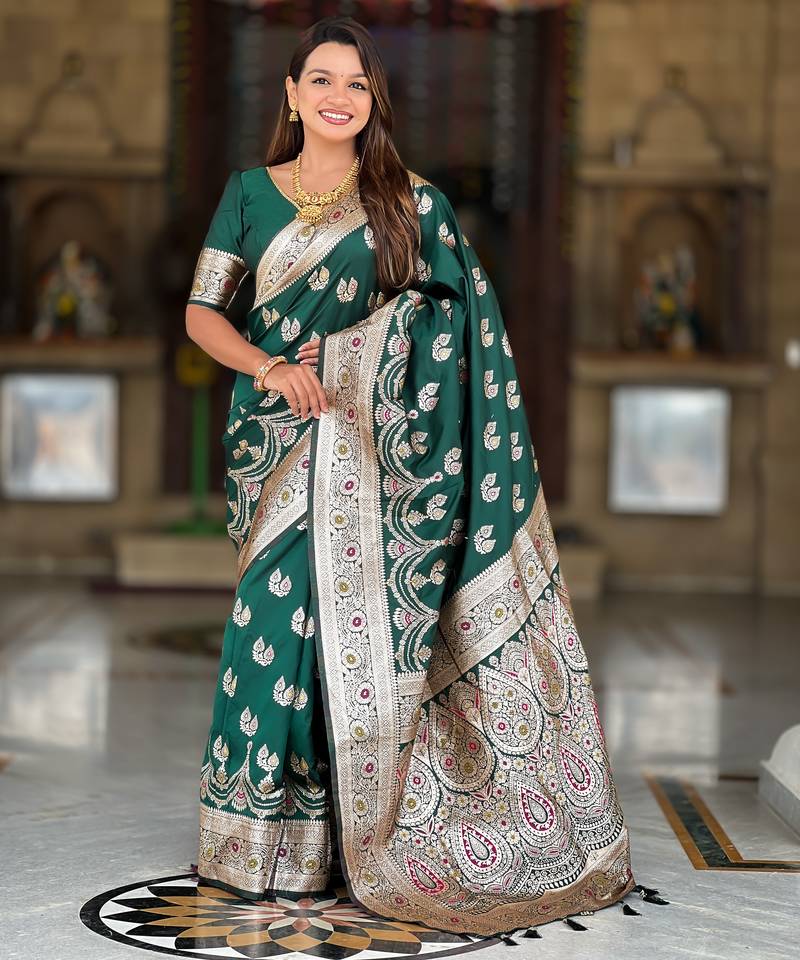 soft banarasi art silk saree with zari weaving meenakari touchup design all over the saree