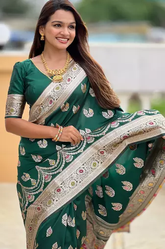 soft banarasi art silk saree with zari weaving meenakari touchup design all over the saree