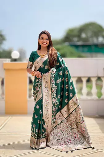 soft banarasi art silk saree with zari weaving meenakari touchup design all over the saree