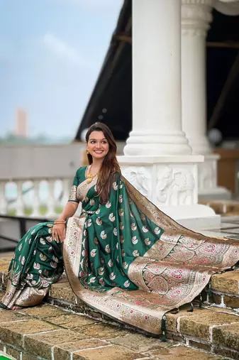 soft banarasi art silk saree with zari weaving meenakari touchup design all over the saree