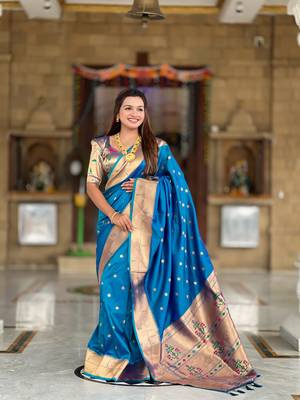 Soft paithani silk saree with zari weawing motifs design and meenakari weawing rich pallu 2
