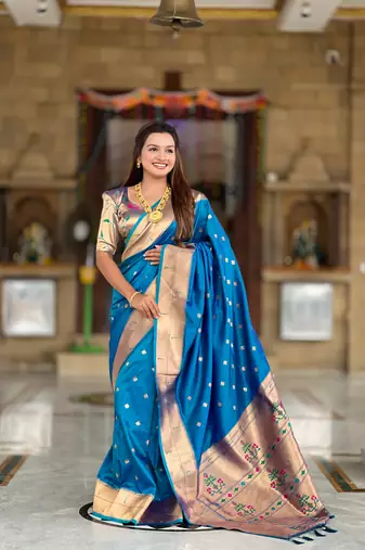 Soft paithani silk saree with zari weawing motifs design and meenakari weawing rich pallu