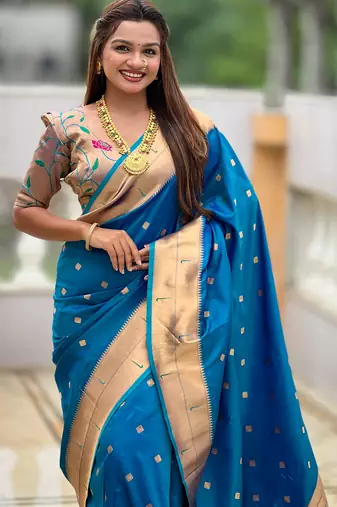 Soft paithani silk saree with zari weawing motifs design and meenakari weawing rich pallu