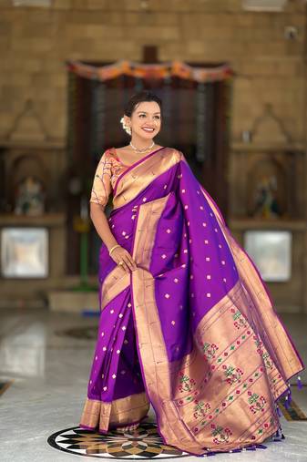 Soft paithani silk saree with zari weawing motifs design and meenakari weawing rich pallu