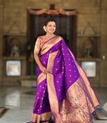 Soft paithani silk saree with zari weawing motifs design and meenakari weawing rich pallu