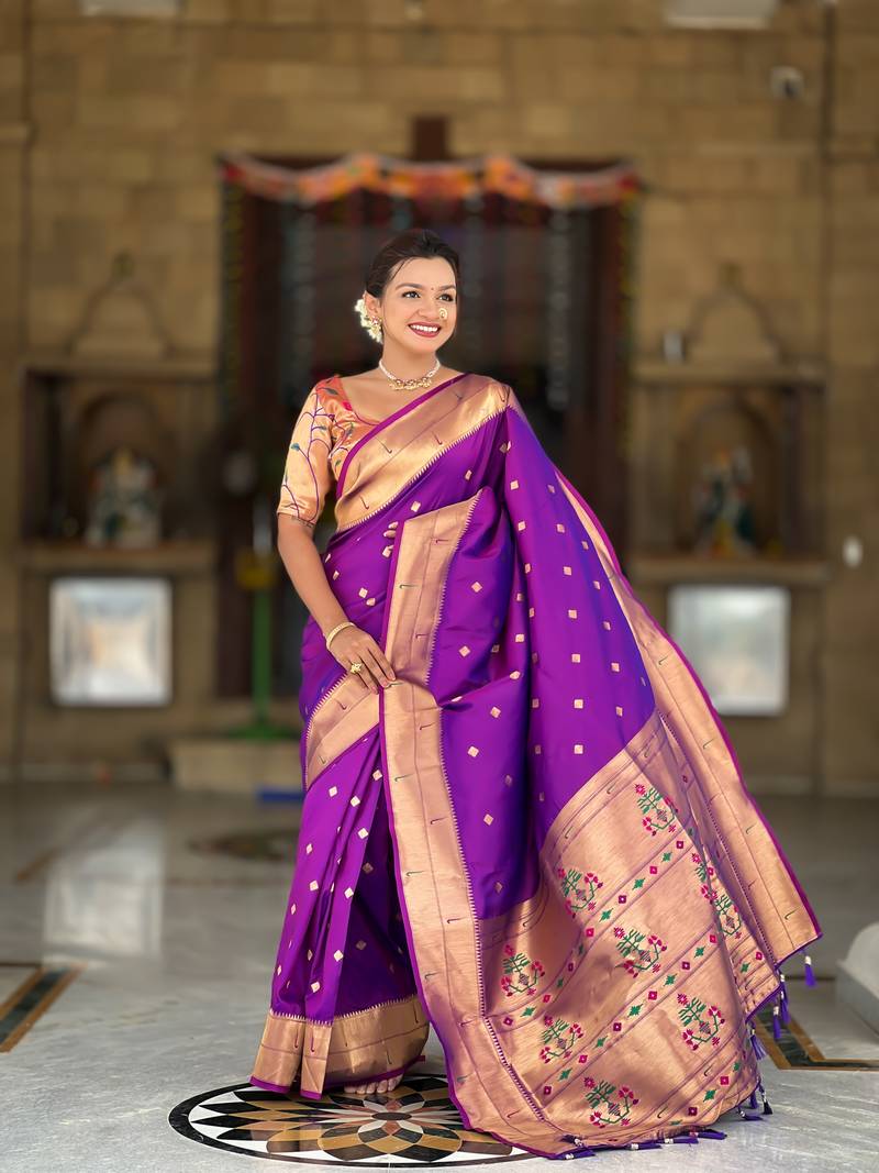 Soft paithani silk saree with zari weawing motifs design and meenakari weawing rich pallu