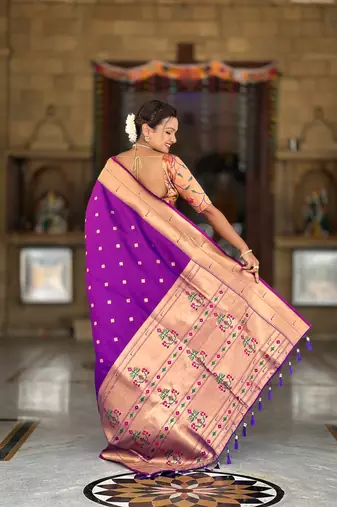 Soft paithani silk saree with zari weawing motifs design and meenakari weawing rich pallu
