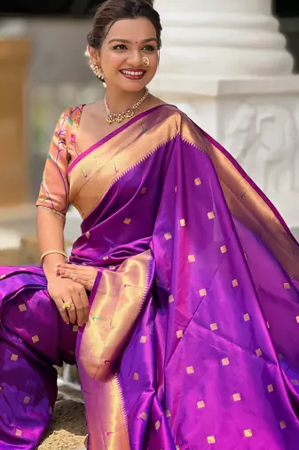 Soft paithani silk saree with zari weawing motifs design and meenakari weawing rich pallu