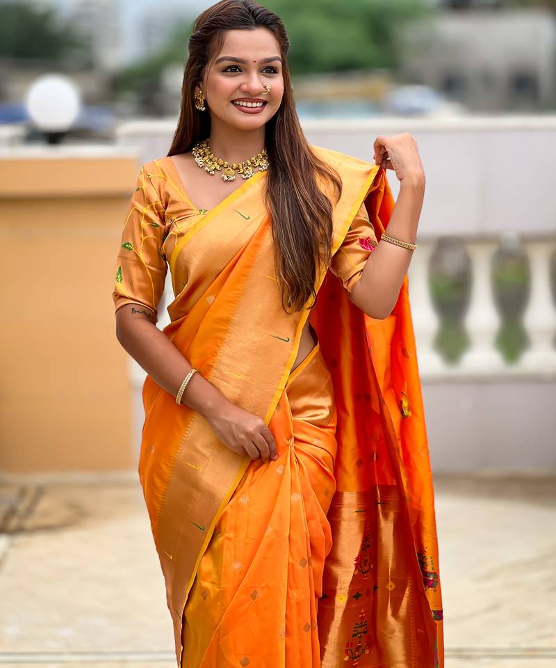 Soft paithani silk saree with zari weawing motifs design and meenakari weawing rich pallu