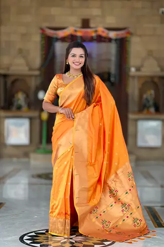 Soft paithani silk saree with zari weawing motifs design and meenakari weawing rich pallu