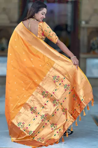 Soft paithani silk saree with zari weawing motifs design and meenakari weawing rich pallu