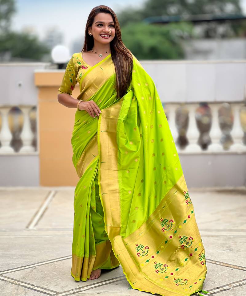 Soft paithani silk saree with zari weawing motifs design and meenakari weawing rich pallu