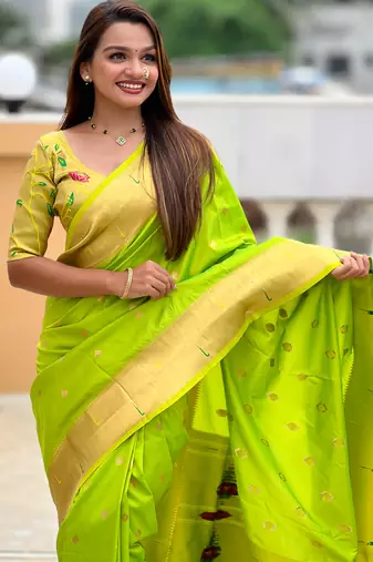 Soft paithani silk saree with zari weawing motifs design and meenakari weawing rich pallu