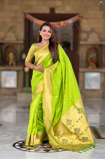 Soft paithani silk saree with zari weawing motifs design and meenakari weawing rich pallu