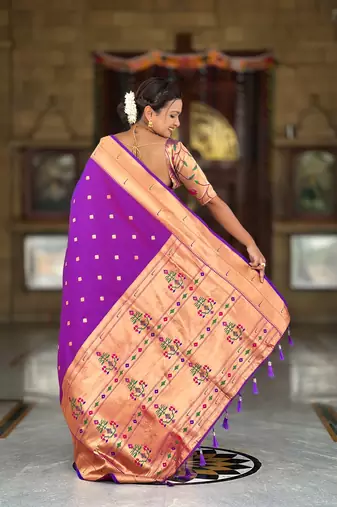 Soft paithani silk saree with zari weawing motifs design and meenakari weawing rich pallu
