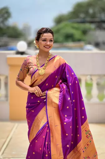 Soft paithani silk saree with zari weawing motifs design and meenakari weawing rich pallu
