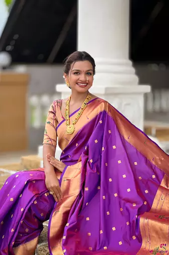 Soft paithani silk saree with zari weawing motifs design and meenakari weawing rich pallu