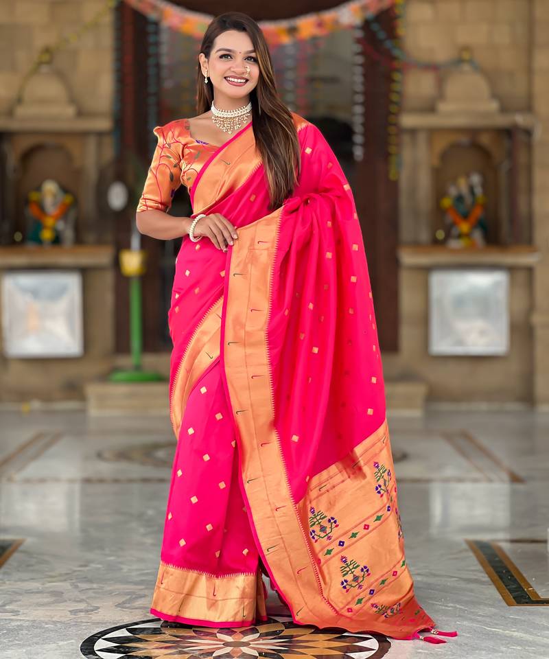 Soft paithani silk saree with zari weawing motifs design and meenakari weawing rich pallu