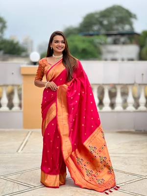 Soft paithani silk saree with zari weawing motifs design and meenakari weawing rich pallu 3