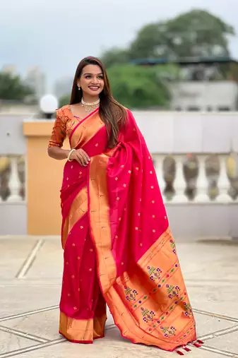 Soft paithani silk saree with zari weawing motifs design and meenakari weawing rich pallu