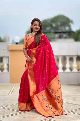 Soft paithani silk saree with zari weawing motifs design and meenakari weawing rich pallu