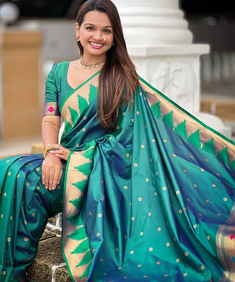 Soft paithani silk saree with zari weawing motifs design and meenakari weawing rich pallu