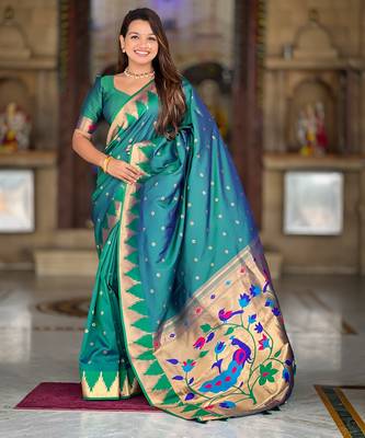Soft paithani silk saree with zari weawing motifs design and meenakari weawing rich pallu 2