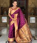 Soft paithani silk saree with zari weawing motifs design and meenakari weawing rich pallu