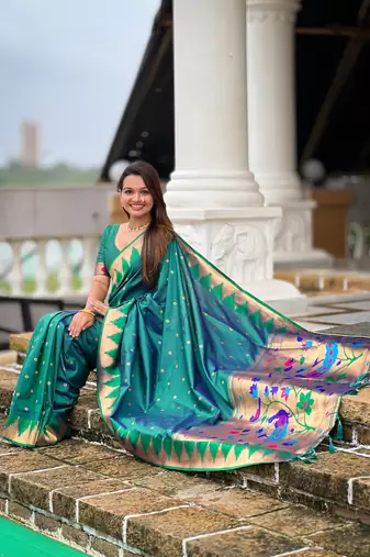 Soft paithani silk saree with zari weawing motifs design and meenakari weawing rich pallu