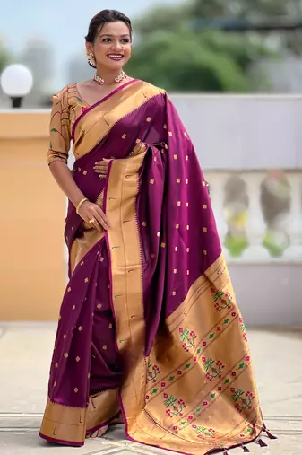 Soft paithani silk saree with zari weawing motifs design and meenakari weawing rich pallu