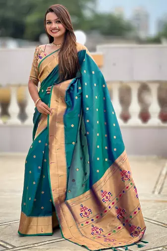 Soft paithani silk saree with zari weawing motifs design and meenakari weawing rich pallu